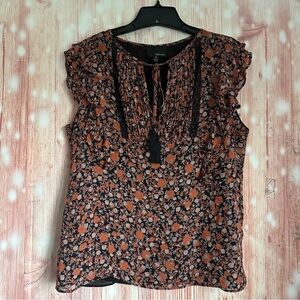 Greylin Orange Fall Floral Black Tassel Tie Boho Blouse